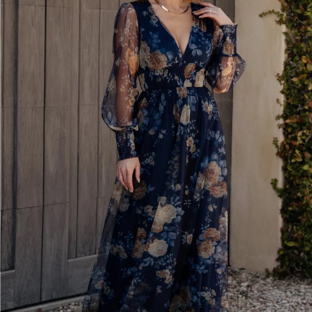Baltic Born Layla Tulle Maxi Dress in Blue + Golden Floral
